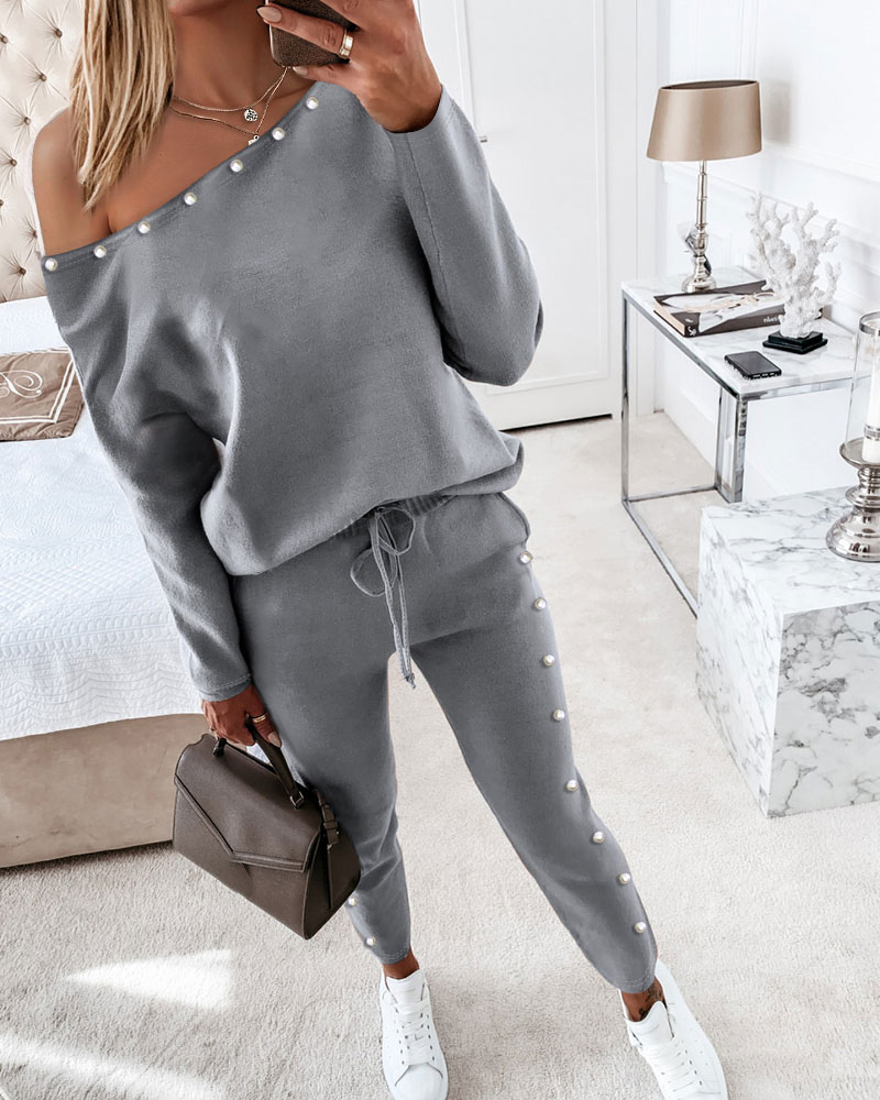 

One Shoulder Beaded Top & Drawstring Pants Set, Gray