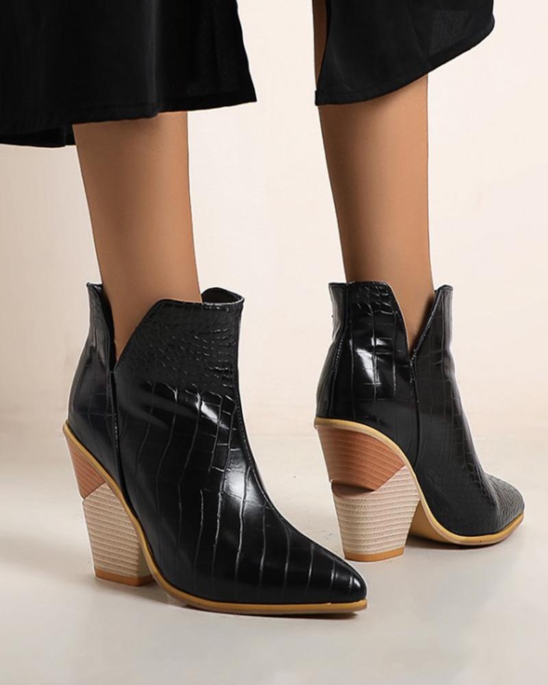 

Pointed-toe Crocodile Pattern Print Heel Ankle Boots, Black