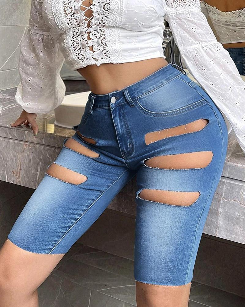 

Zipper Fly Cutout Denim Shorts, Blue