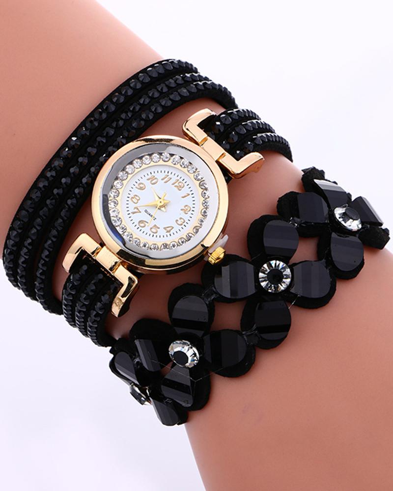 

1pc Rhinestone Floral Pattern Stackable Bangle Quartz Watch, Black