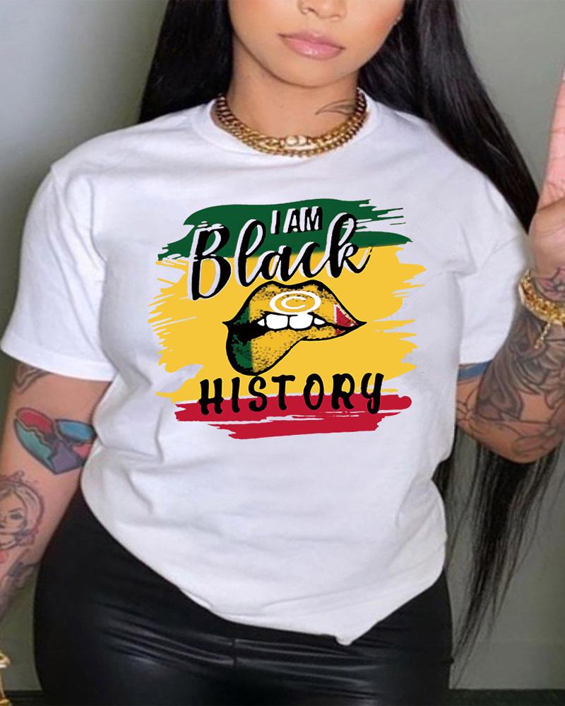 

Plus Size I Am Black History Lip Print Casual T-shirt, White