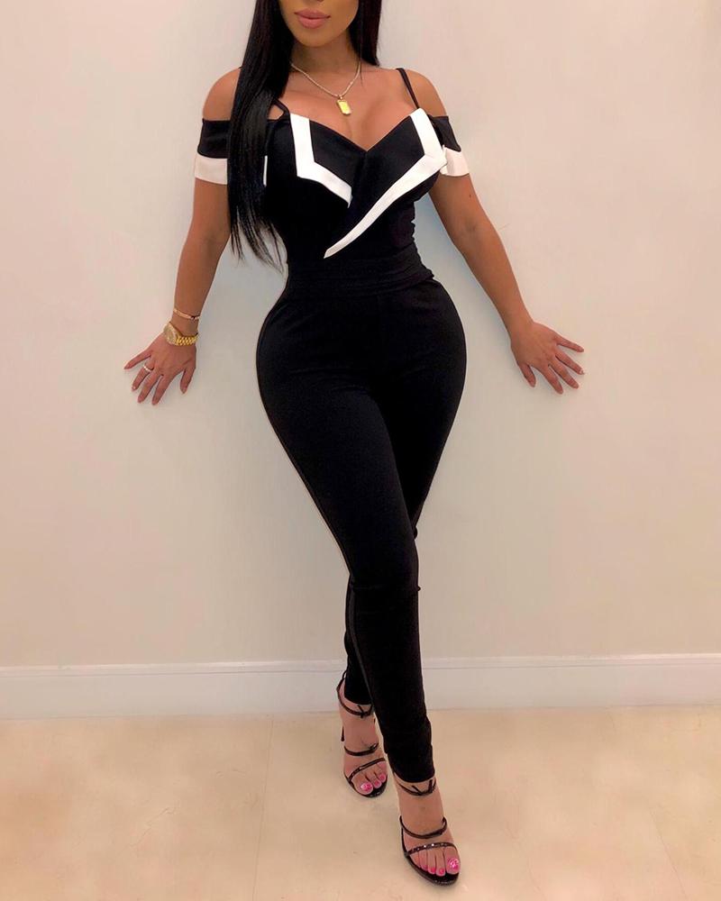 

Cold Shoulder Colorblock Ruffles Jumpsuit, Black
