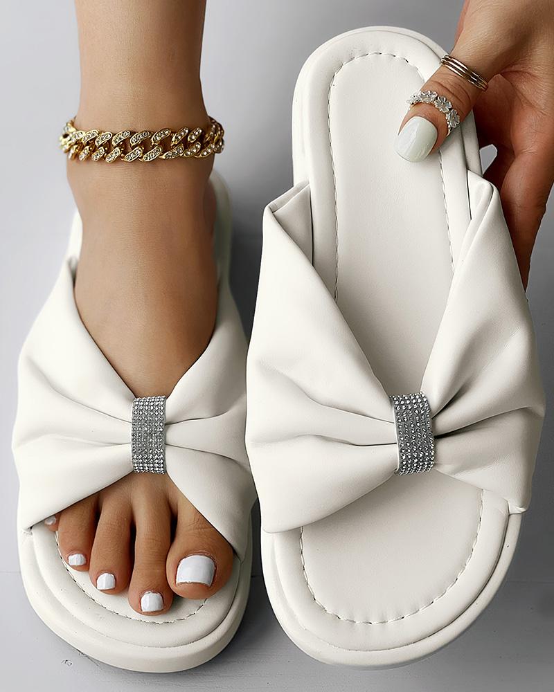 

Rhinestone Decor Bowknot Design Slippers, White