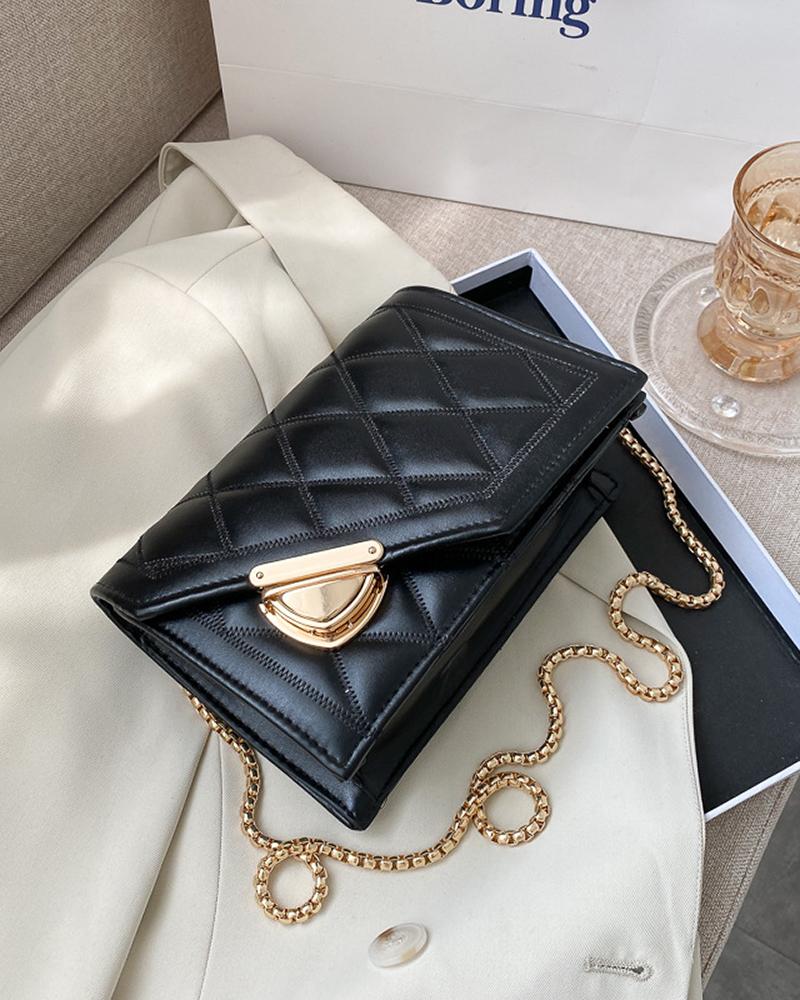 

Quilted Chain Strap Flap Crossbody Bag, Black