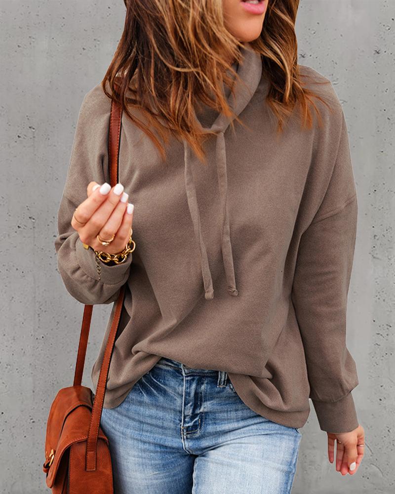 

Long Sleeve Funnel Neck Casual Sweatshirt, Brown