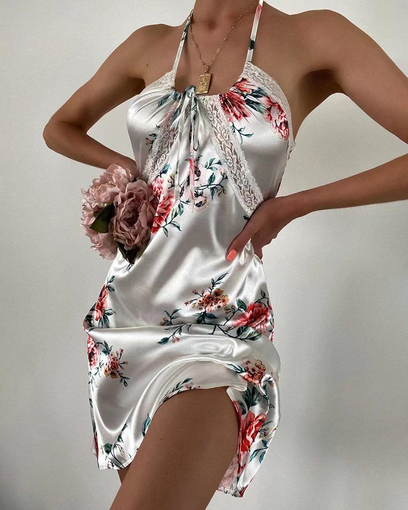 

Floral Print Contrast Lace Halter Backless Nightdress, White