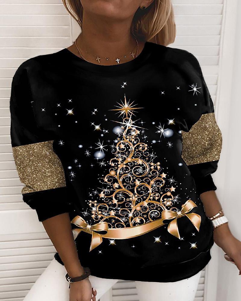 

Plus Size Christmas Tree Print Long Sleeve Top, Black