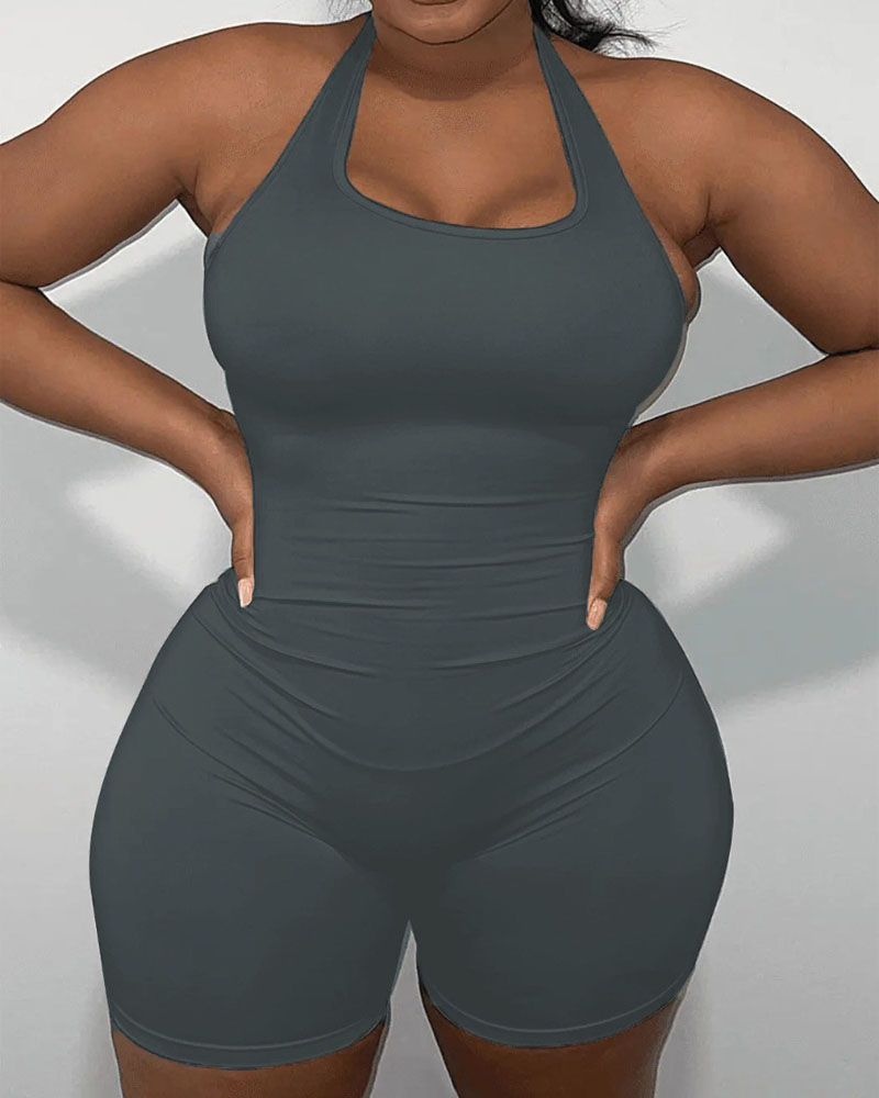 

Plus Size Plain Halter Backless Skinny Romper, Dark grey