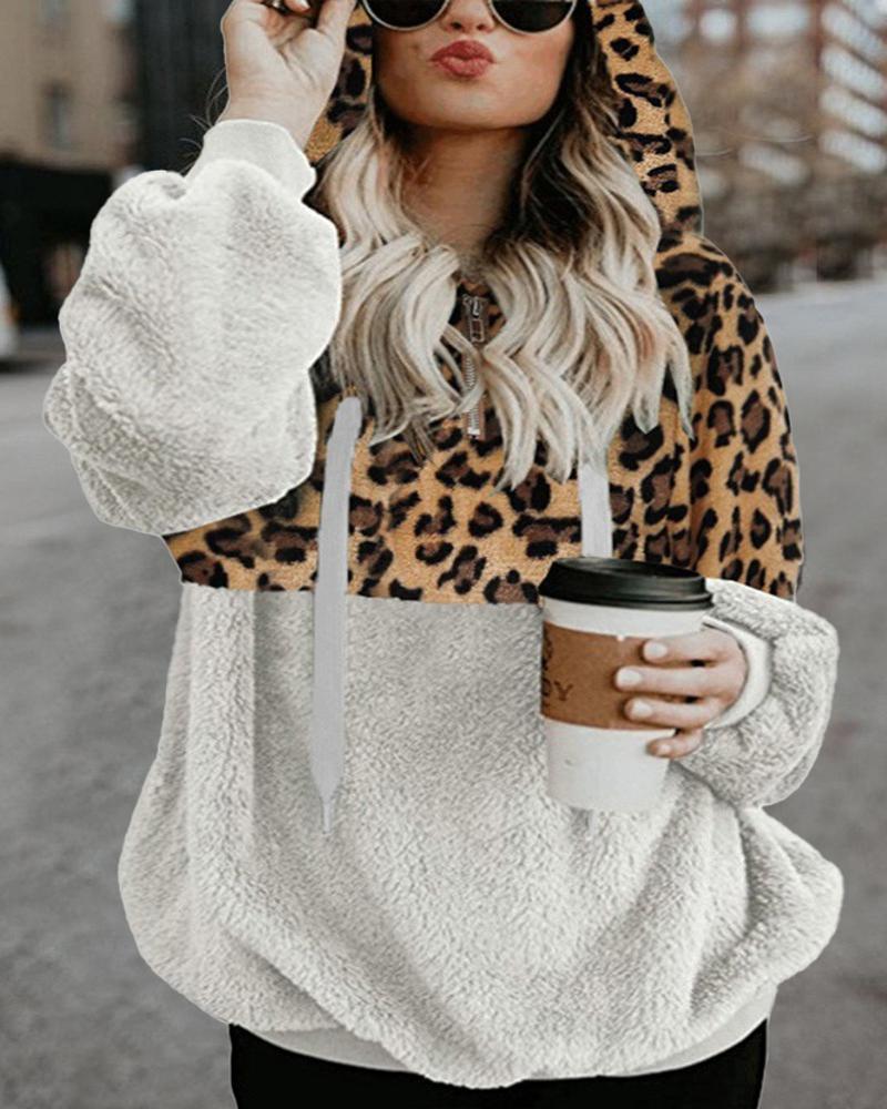 

Plus Size Contrast Leopard Long Sleeve Teddy Hoodie, White