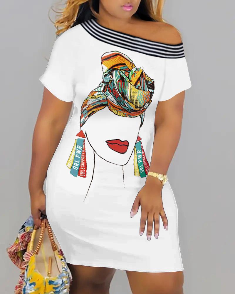 

Plus Size Figure Print Casual Tee Dress, White