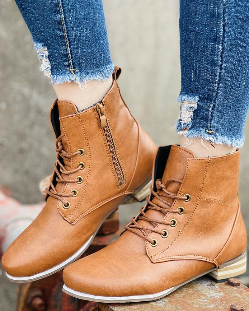 

Size Zip Eyelet Lace-up Chunky Boots, Brown