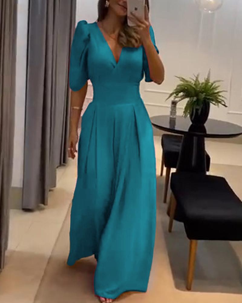 

Puff Sleeve Wide Leg Flared Jumpsuit, Blue