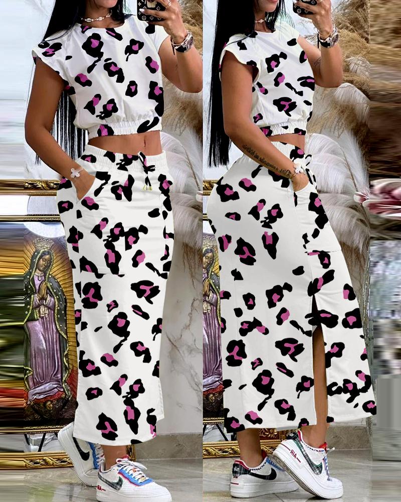 

Leopard Print Cap Sleeve T-shirt & Slit Drawstring Skirt Set, White
