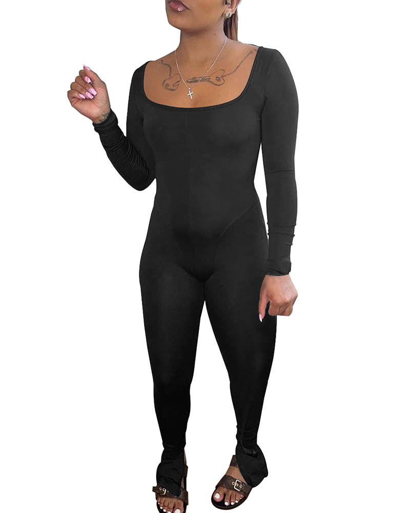 

Long Sleeve Backless Tied Detail Skinny Jumpsuit, Black