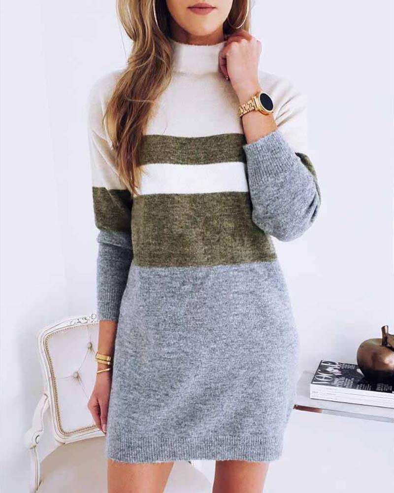 

High Neck Colorblock Long Sleeve Knitting Sweater Dress, Gray