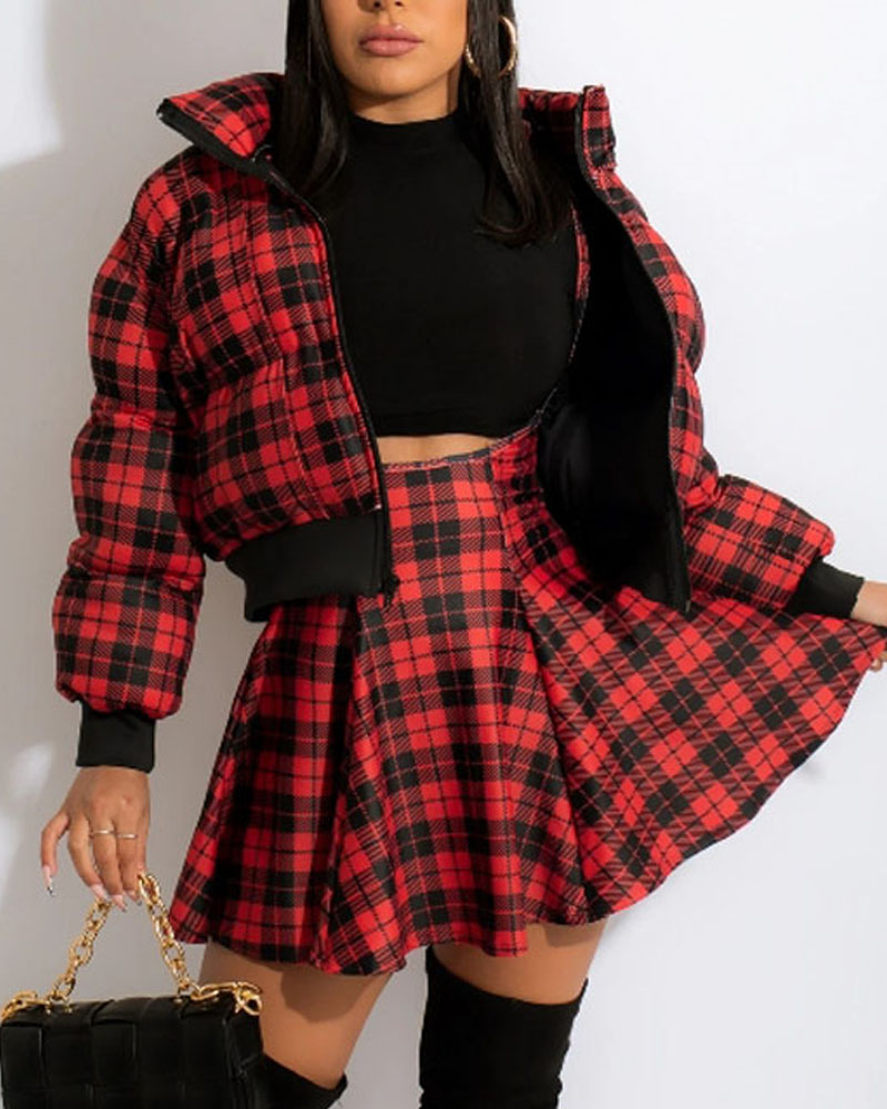 

Plaid Print Zipper Front Gilet Puffer Jacket, Red