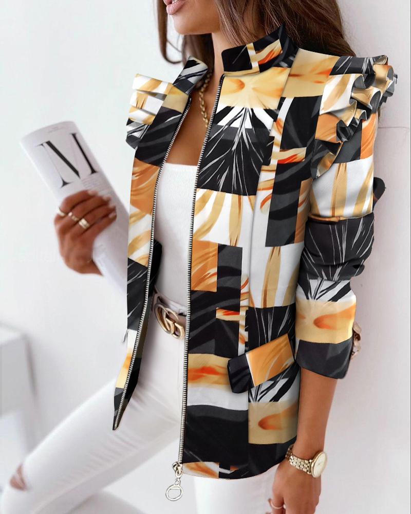 

Geometric Print Ruffles Long Sleeve Zipper Up Coat, Multicolor