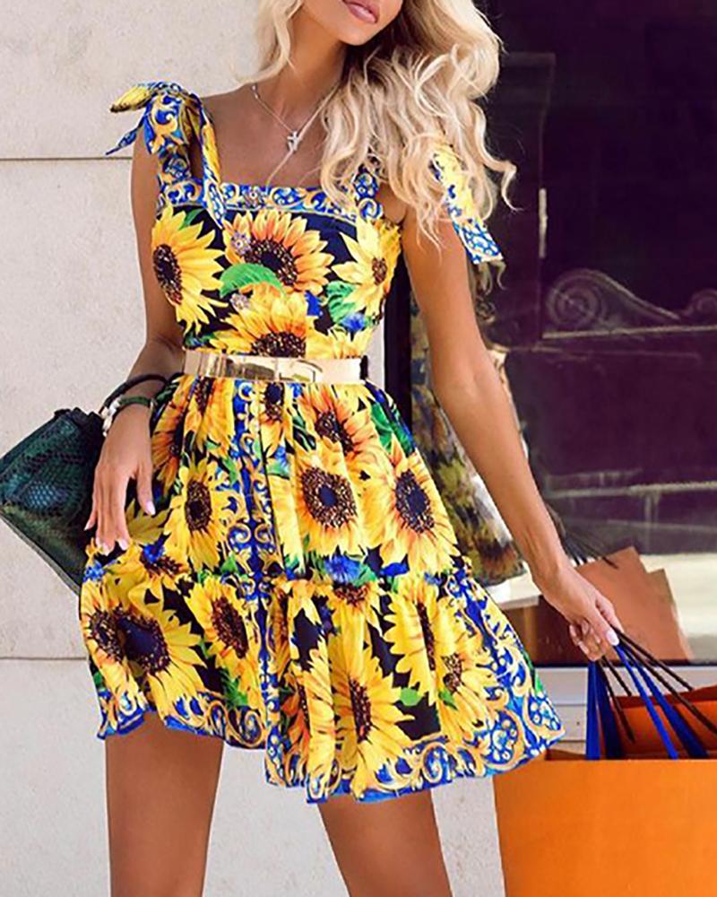 

Tied Detail Sunflower Print Dress Without Belt, Yellow