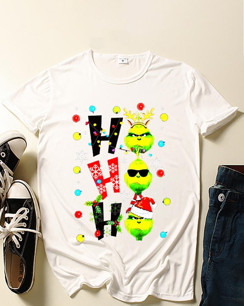 

Christmas Graphices Letter Snowflake Print Short Sleeve Top, White