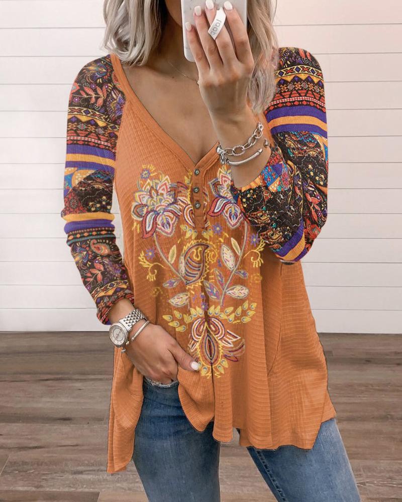 

Tribal Print Button Front Long Sleeve Top, Orange