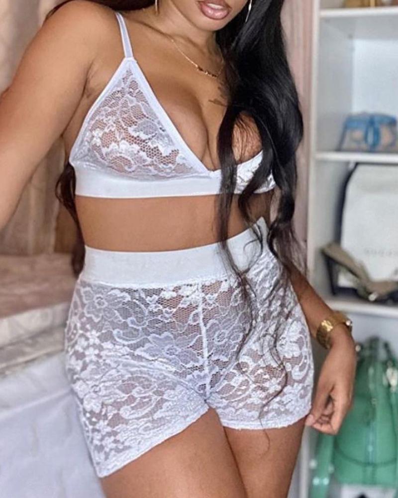 

Crochet Lace Cami Top & High Waisted Shorts Set, White