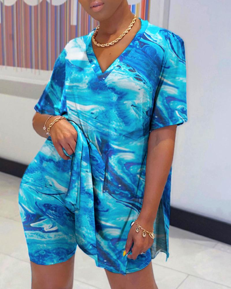 

Tie Dye Print V Neck Top & Shorts Set, Blue