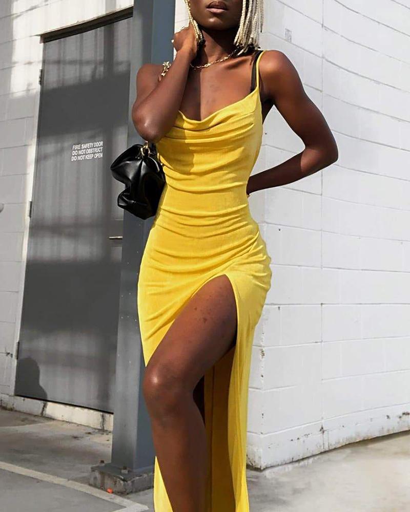

Backless High Slit Cowl Neck Ruched Party Dress, Yellow
