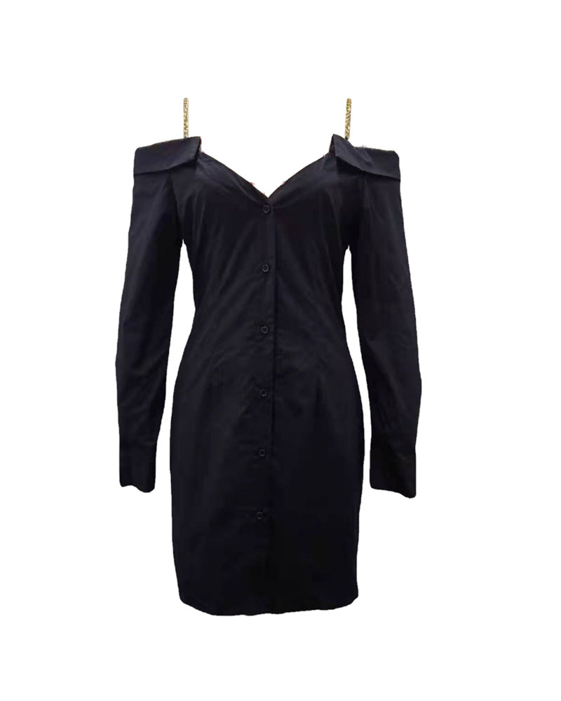 

Chain Strap Cold Shoulder Button Down Shirt Dress, Black