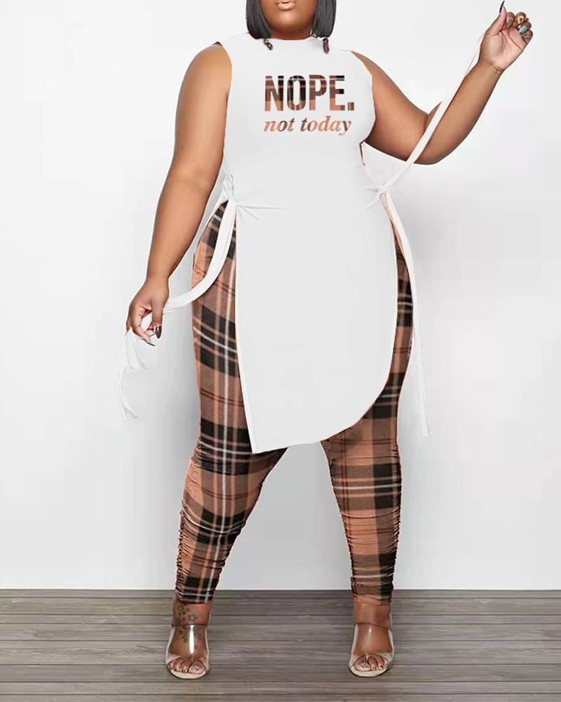 

Plus Size Plaid Letter Print Split Hem Tank Top & Pants Set, Style1