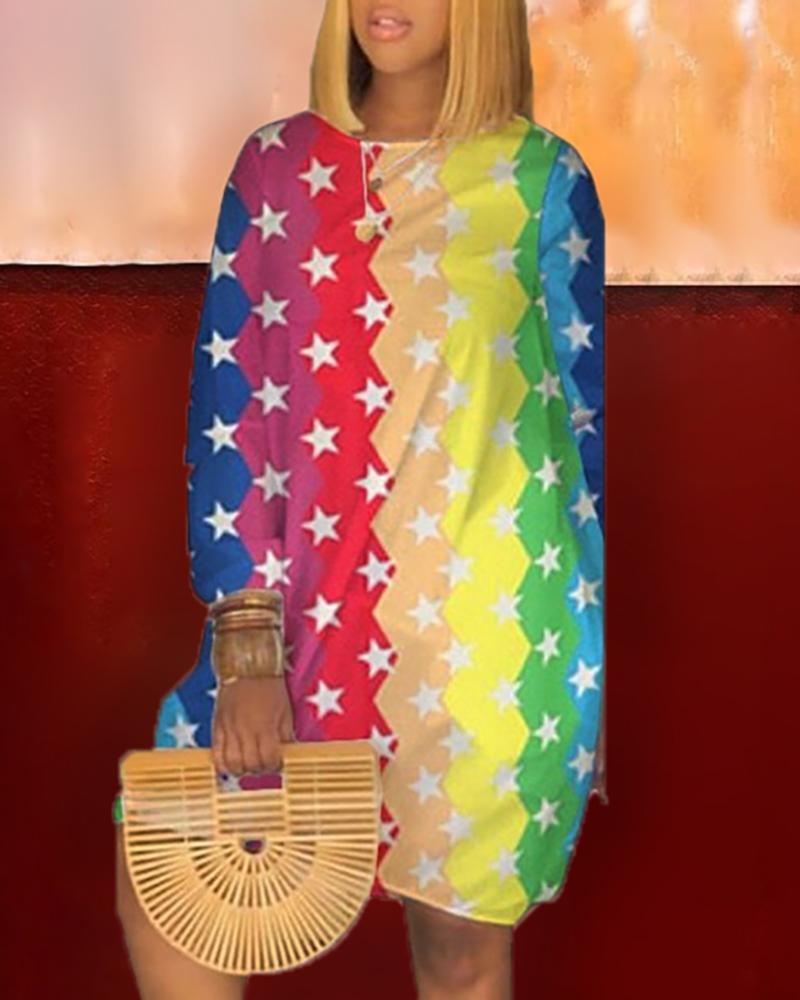 

Rainbow Star Pattern Casual Dress, Multicolor