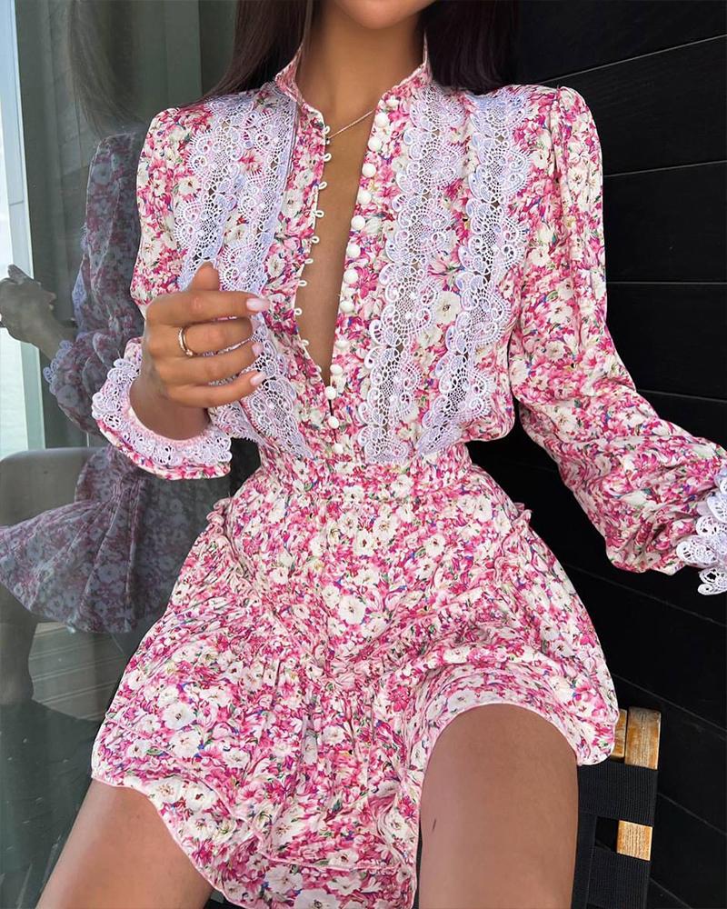 

Contrast Lace Ruffle Hem Floral Print Dress, Pink