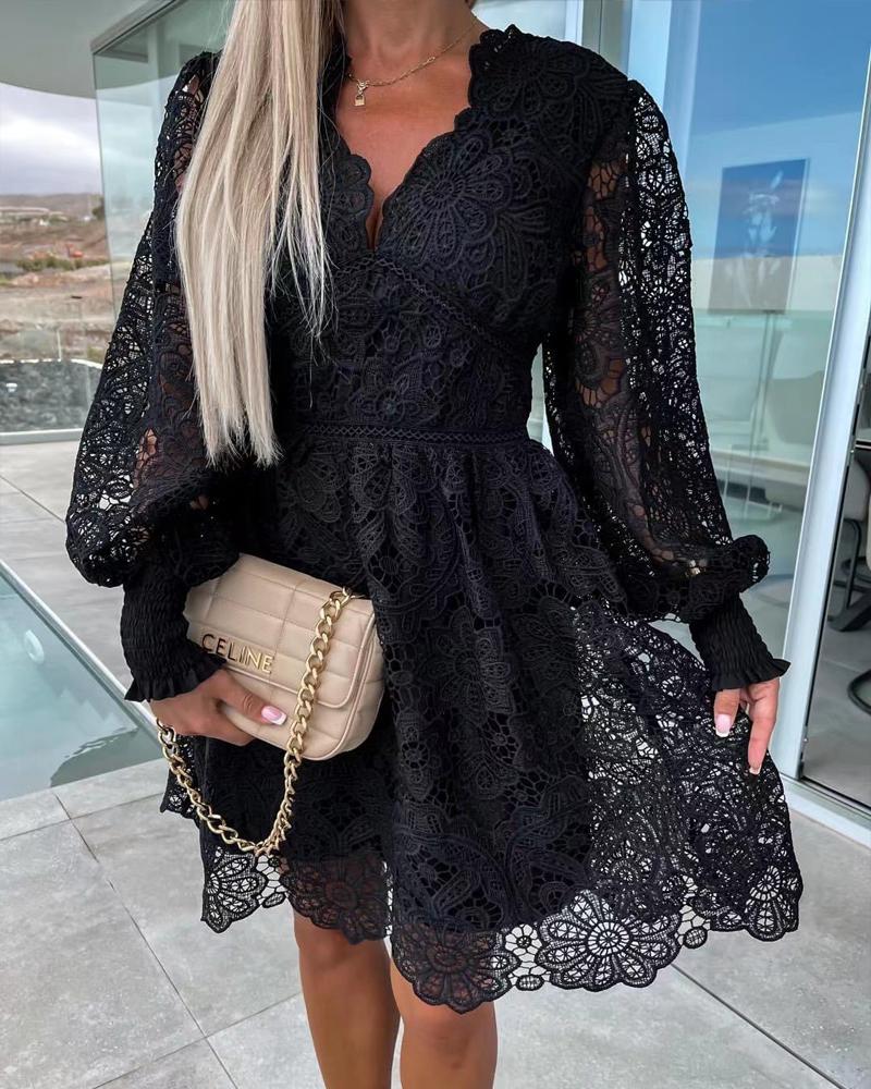 

Hollow Out Lantern Sleeve Shirred Lace Dress, Black