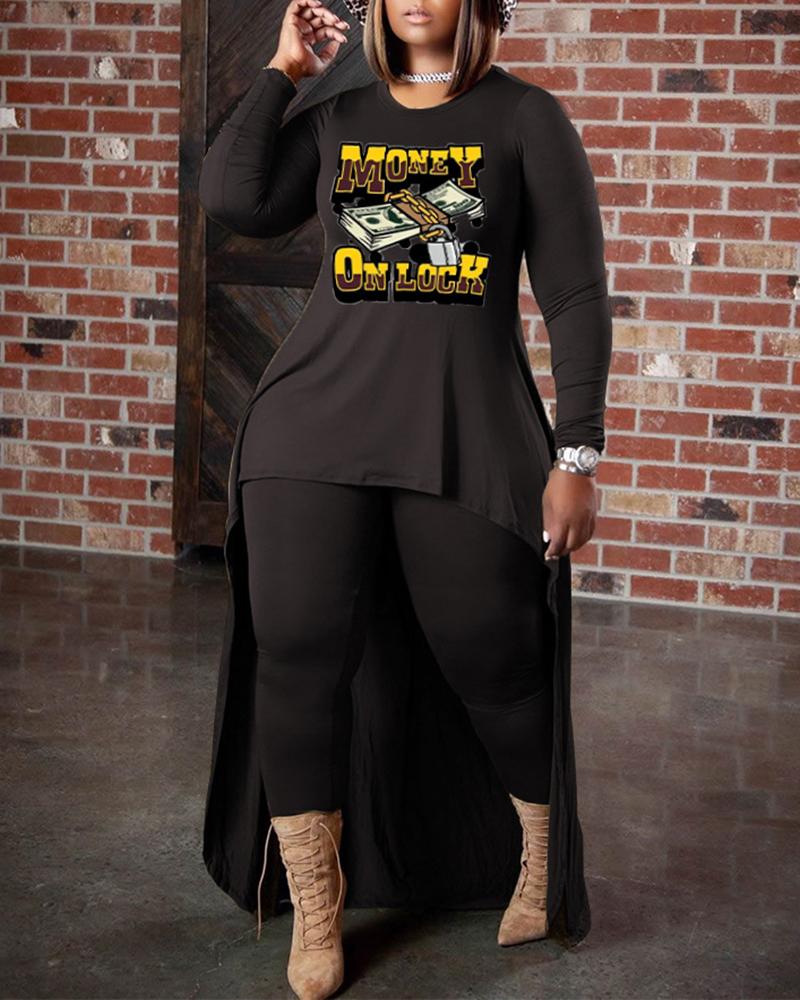

Plus Size Money On Lock Graphic Print Asymmetrical Hooded Top & Pants Set, Black