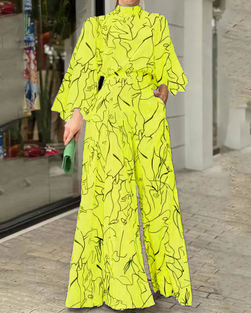 

Abstract Figure Print Long Sleeve Wide Leg Jumpsuit, Yellow