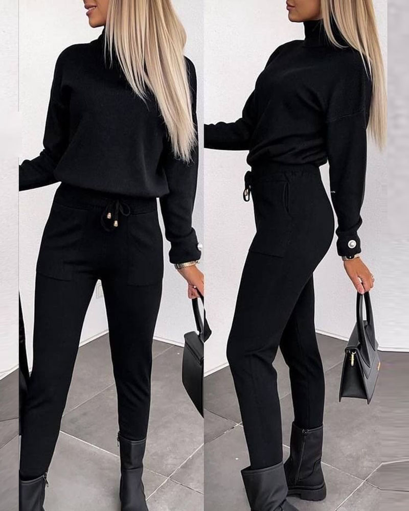 

Button Decor Turtleneck Knit Top & Drawstring Pants Set, Black