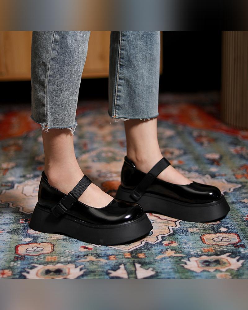 

Round-toe Solid Color Pu Leather Platlorm Shoes, Black