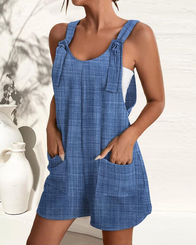 

Pocket Design V-Neck Suspender Romper, Blue