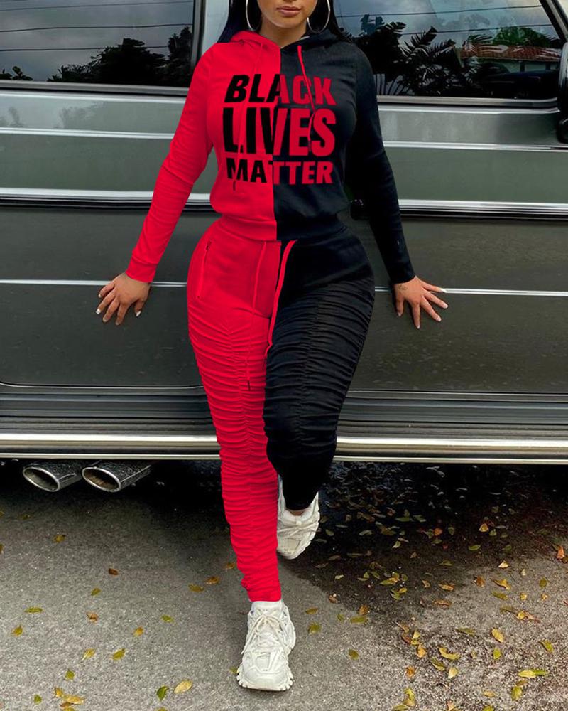

Colorblock Letter Print Long Sleeve Hoodies Suit Sets, Red