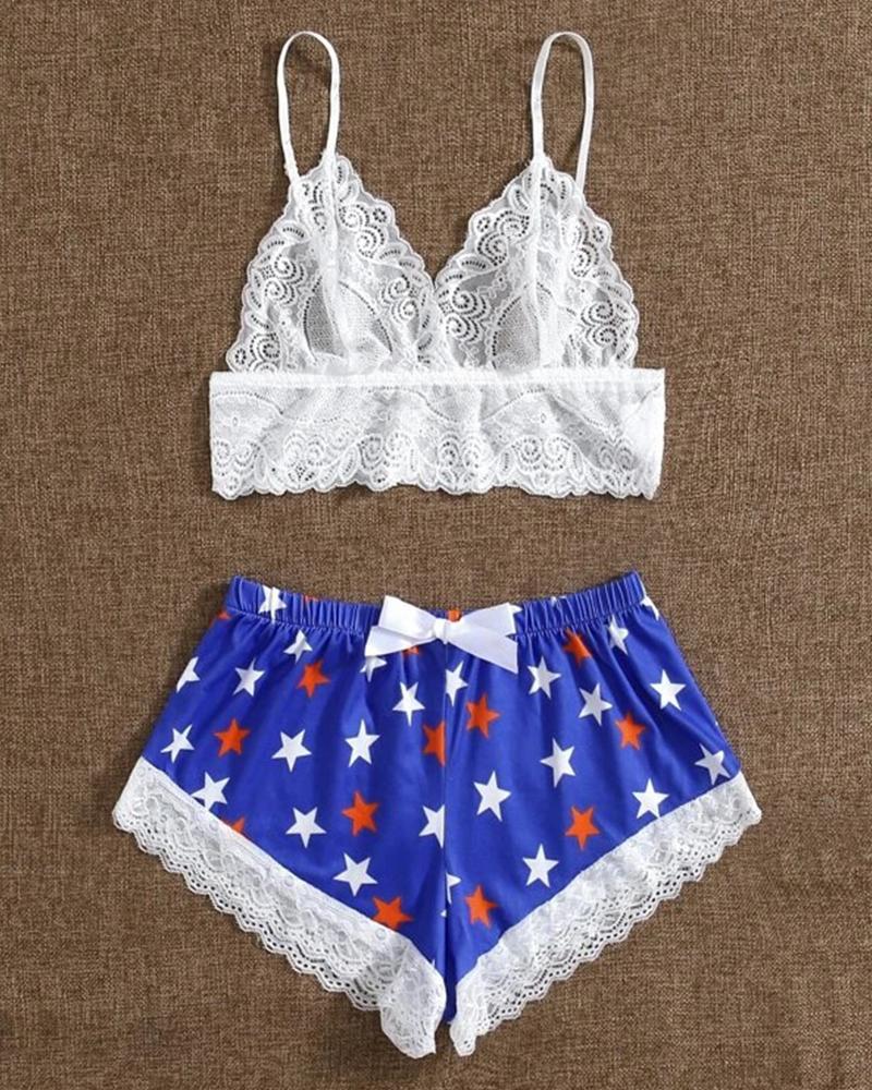 

Sexy Lace Sling Cropped Top With Star Print Short Pants Pajamas Sets, Blue