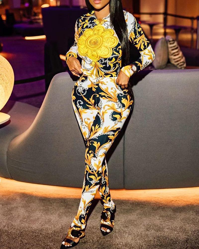 

Graphic Print Long Sleeve Jumpsuit, Yellow