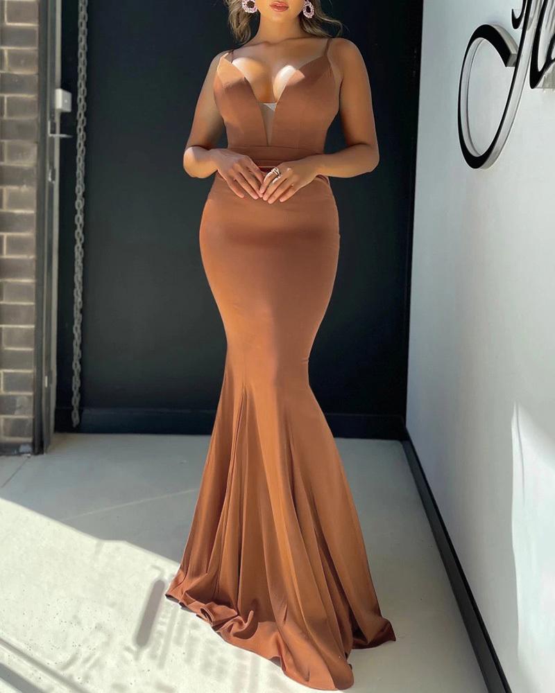

Plunge Sheer Mesh Patch Mermaid Evening Dress, Brown