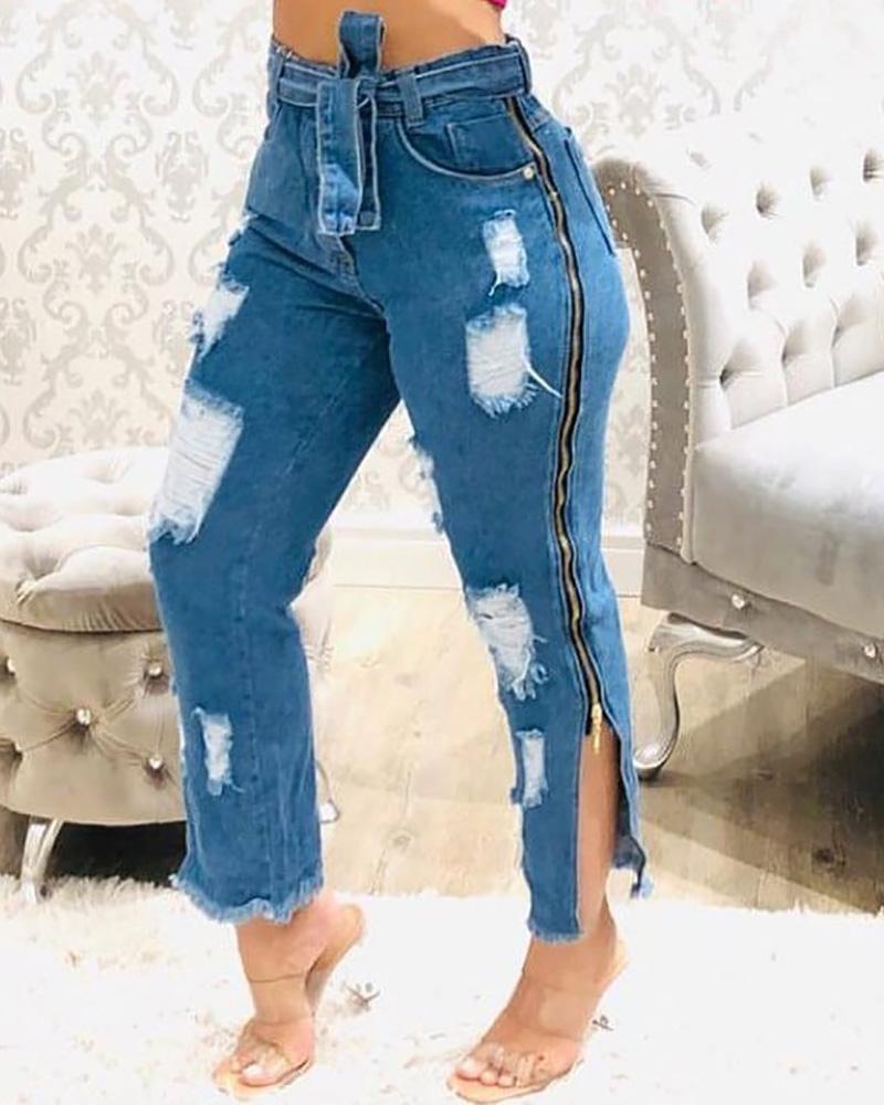 Zipper Design Ripped Fringe Hem Denim Pants