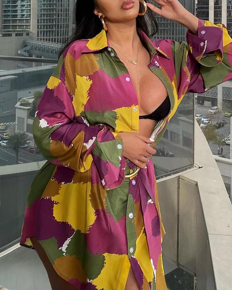 

Colorblock Button Front Long Sleeve Shirt, Purple
