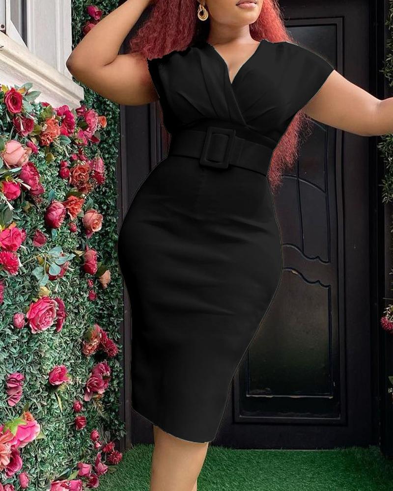 

V-Neck Cap Sleeve Work Dress, Black