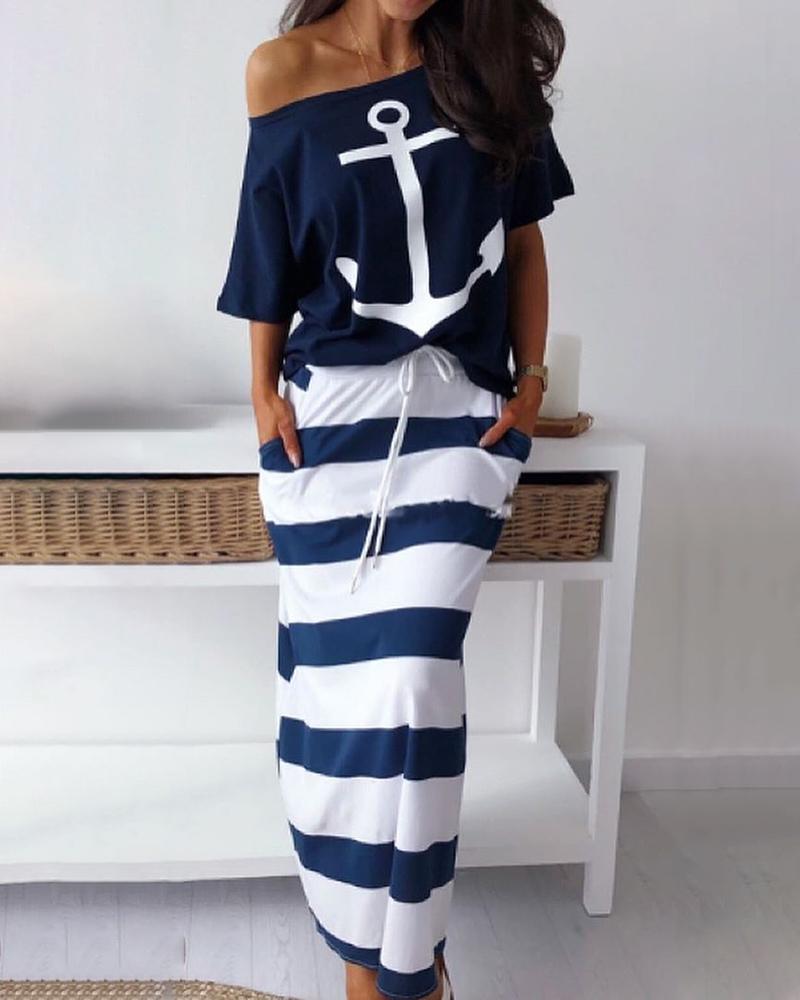 

Boat Anchor Print T-Shirt & Striped Drawstring Skirt Set, Blue