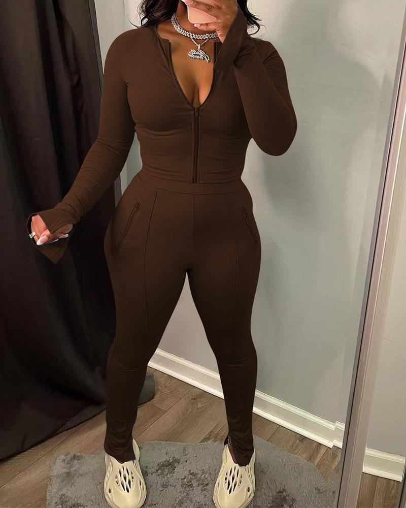 

Split Hem Long Sleeve Zip Up Top & Pants Set, Dark brown