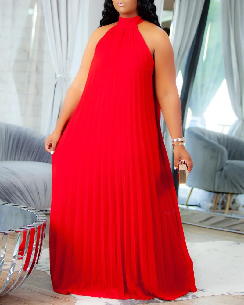 

Plain Sleeveless Pleated Maxi Dress, Red