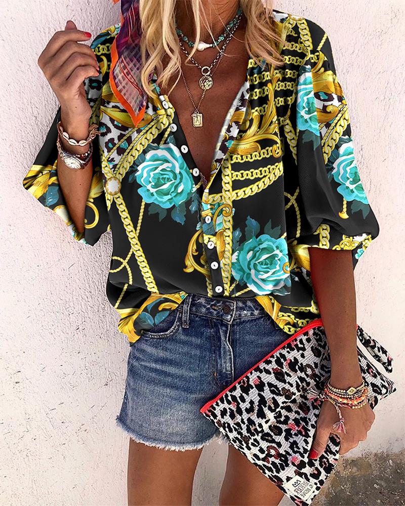 

Floral Baroque Chain Print Button Design Top, Black