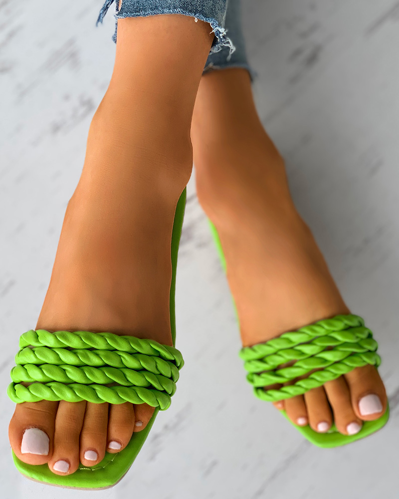 

Braided Strap Square Toe Slide Slippers, Green