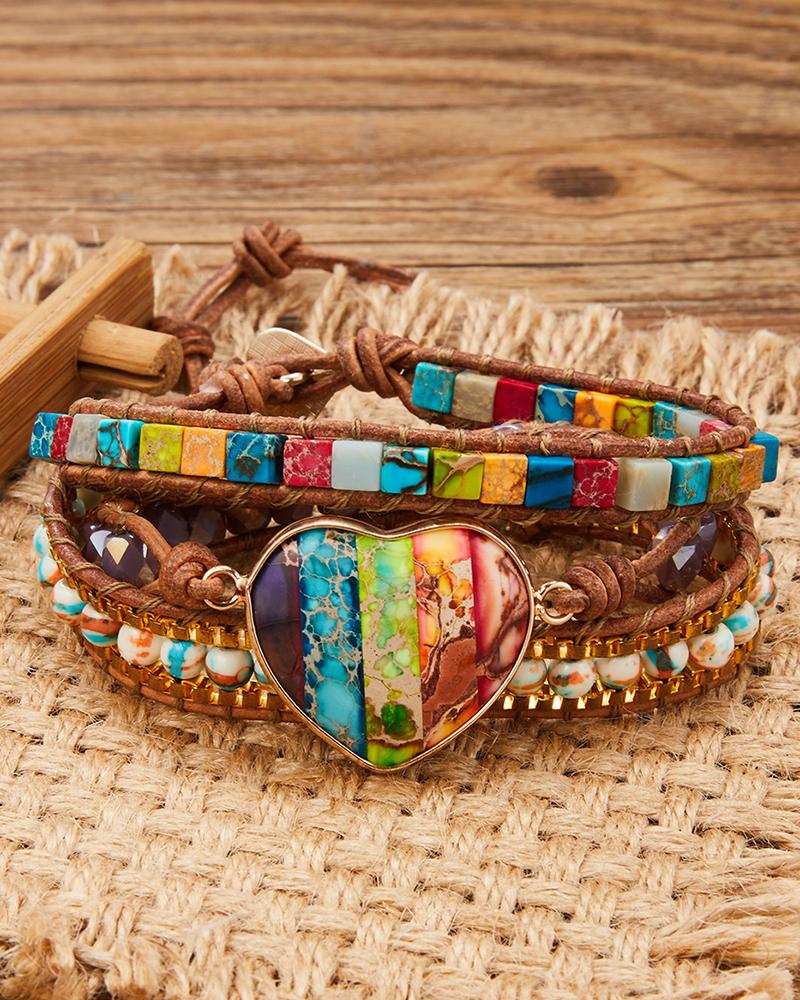 

1pc Rainbow Marble Heart Beaded Multi-layer Bracelet, Multicolor